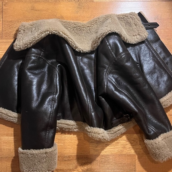 Zara Double-Faced Biker Jacket Faux Leather Shearling Fur Cuff Aviator Drop Coat - Picture 3 of 3